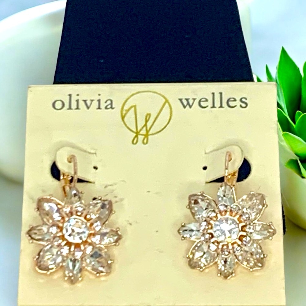 Olivia Welles Gold With Clear Rhinestone Flower Dangle Earrings - Picture 3 of 5